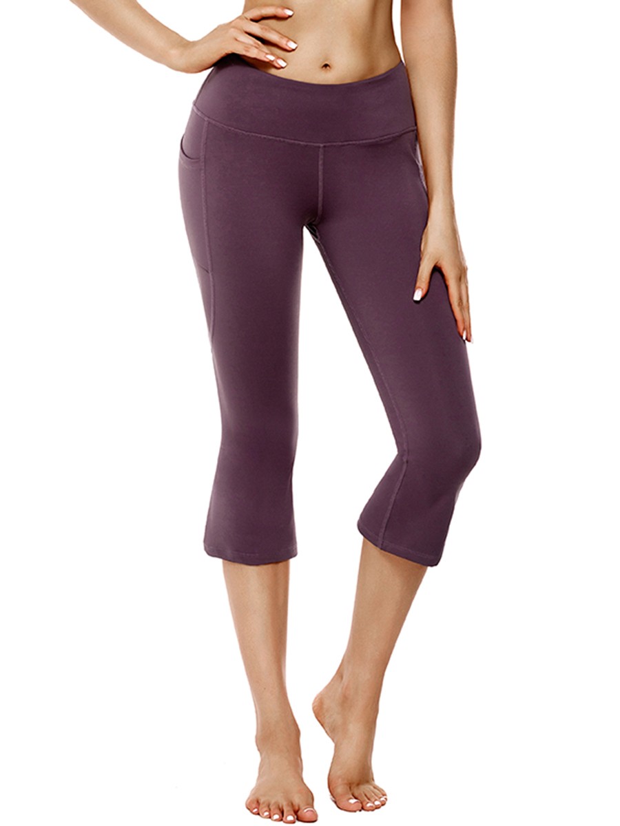 Sexy Ladies Purple Elastic Waist Keen-Length Yoga Pants Refined Outfit