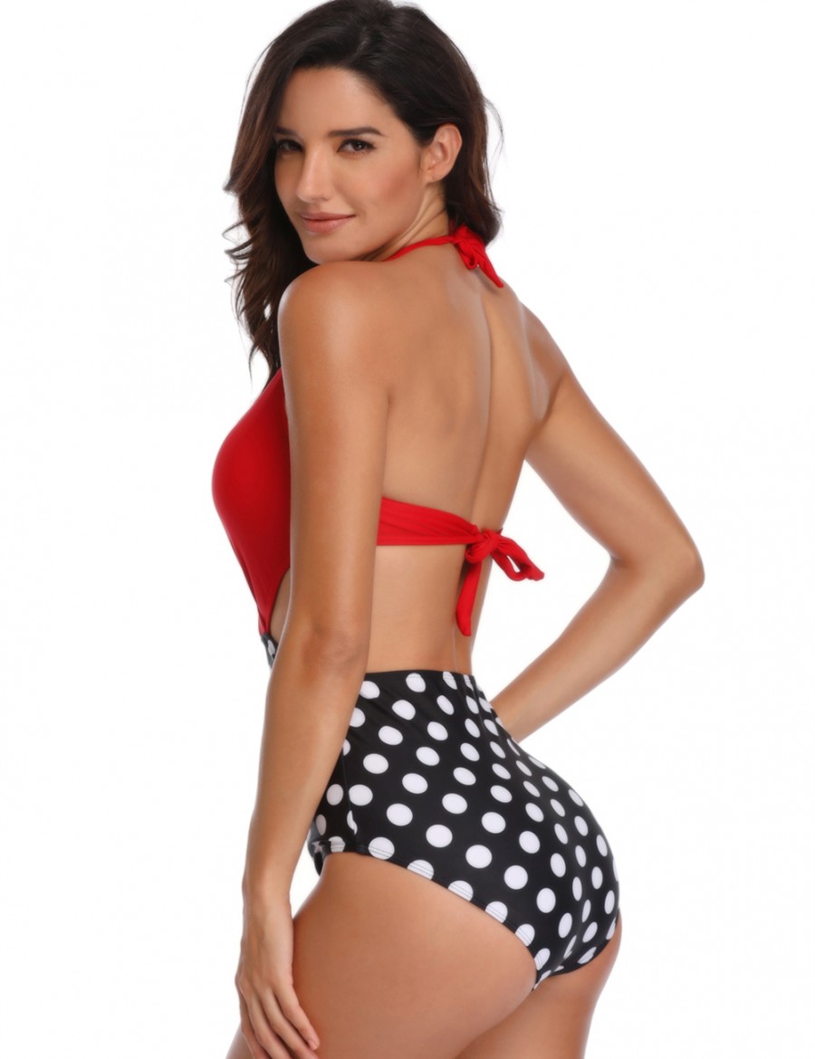 Super Faddish Red Stitching Beachwear High Waist Bowknot Pads New Fashion