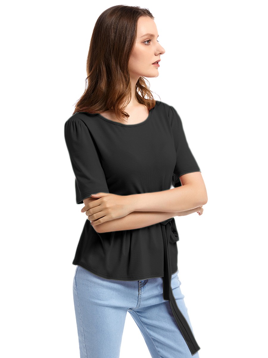 Mysterious Black Round Neck Short Sleeve Top Ruffle Women's Tops