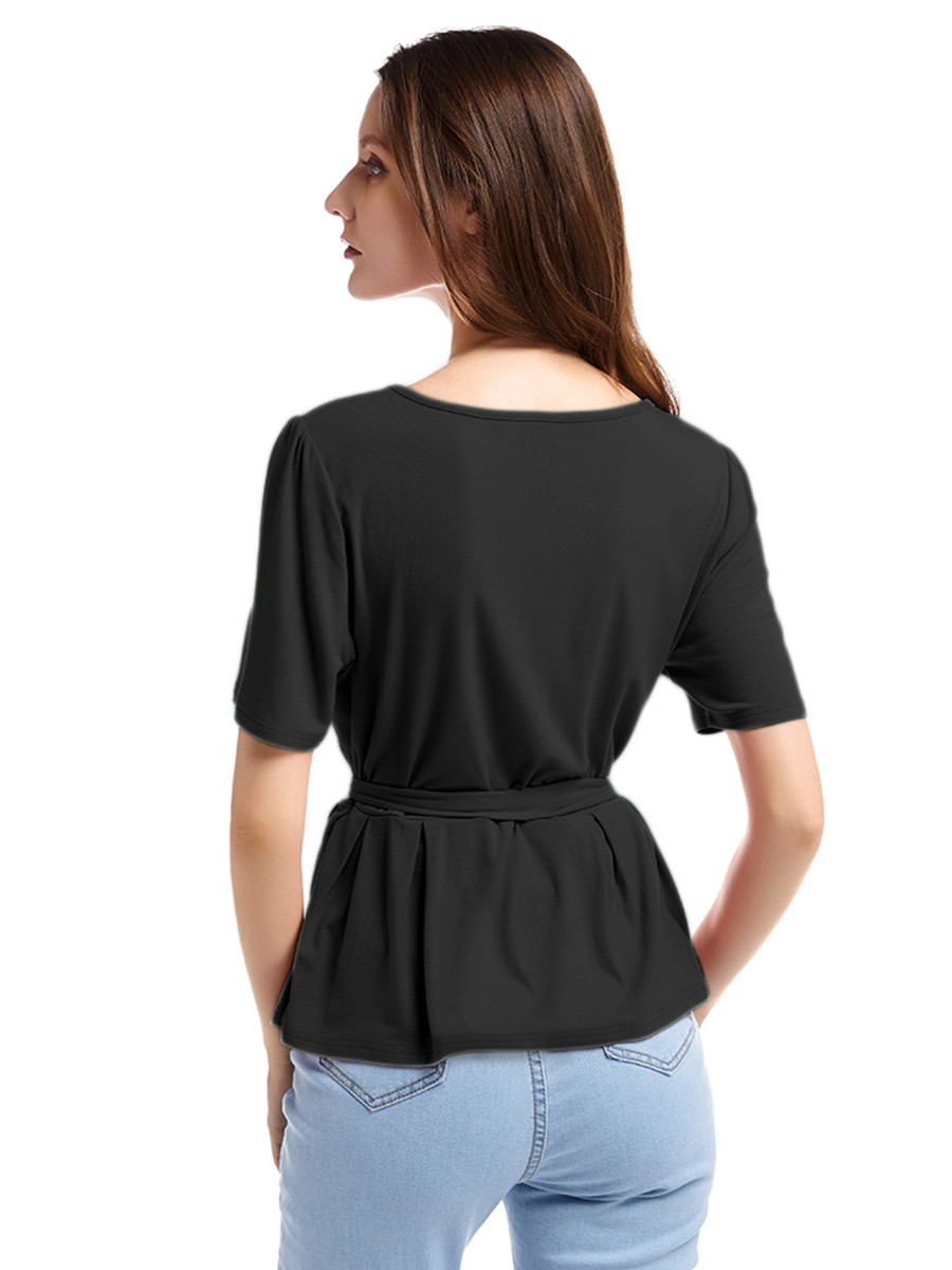 Mysterious Black Round Neck Short Sleeve Top Ruffle Women's Tops