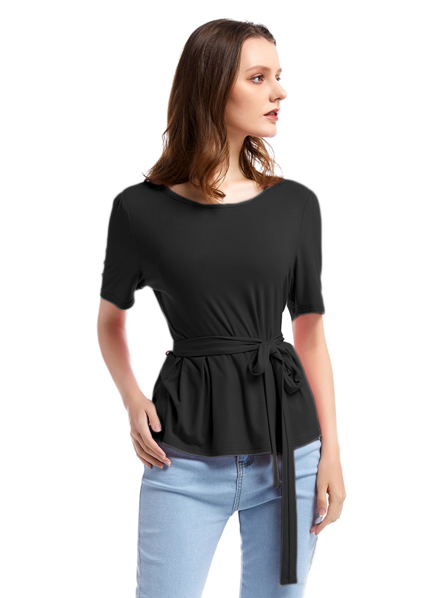 Mysterious Black Round Neck Short Sleeve Top Ruffle Women's Tops