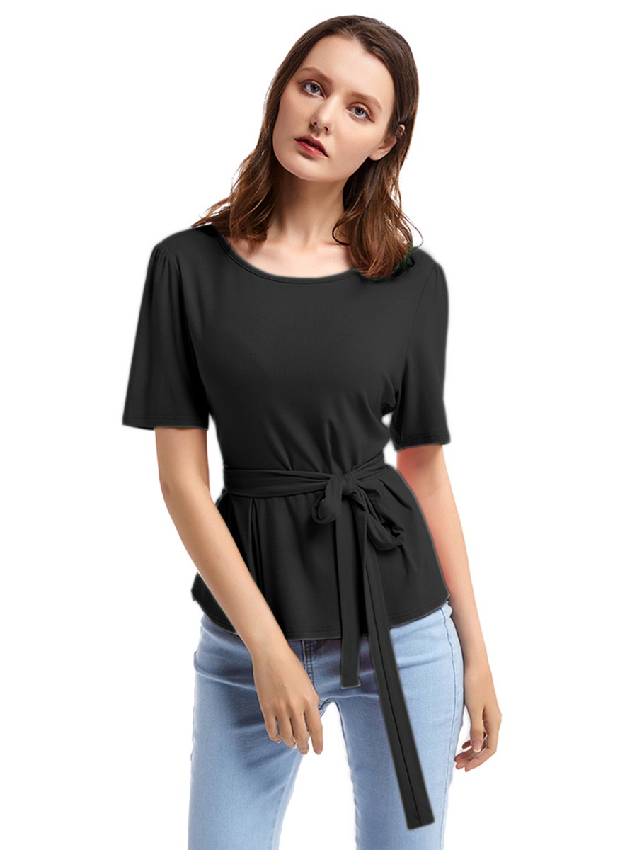 Mysterious Black Round Neck Short Sleeve Top Ruffle Women's Tops