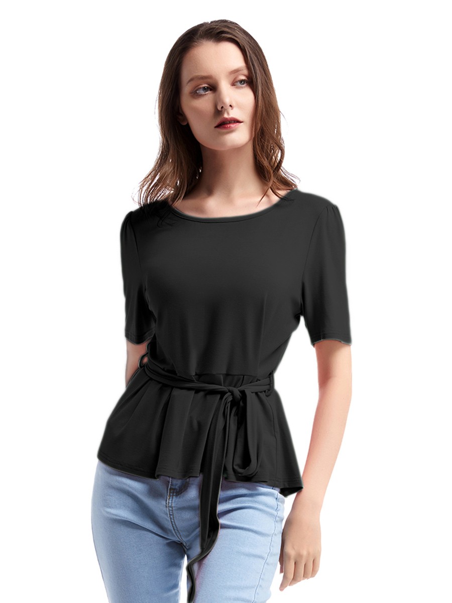 Mysterious Black Round Neck Short Sleeve Top Ruffle Women's Tops