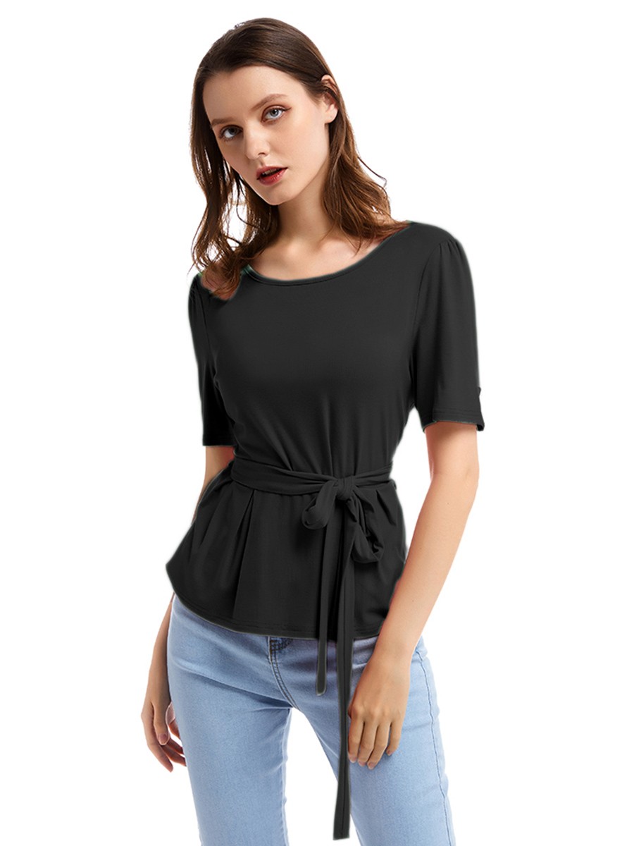 Mysterious Black Round Neck Short Sleeve Top Ruffle Women's Tops