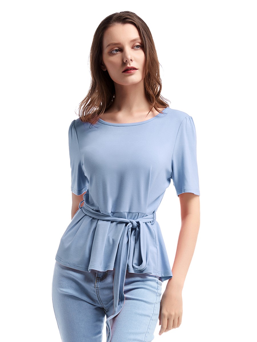 Delightful Blue Short Sleeve Ruffle Top Solid Color Casual
