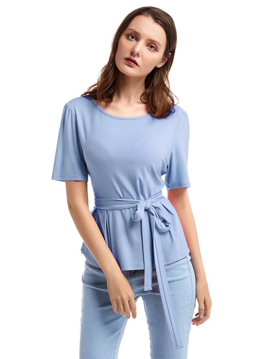 Delightful Blue Short Sleeve Ruffle Top Solid Color Casual