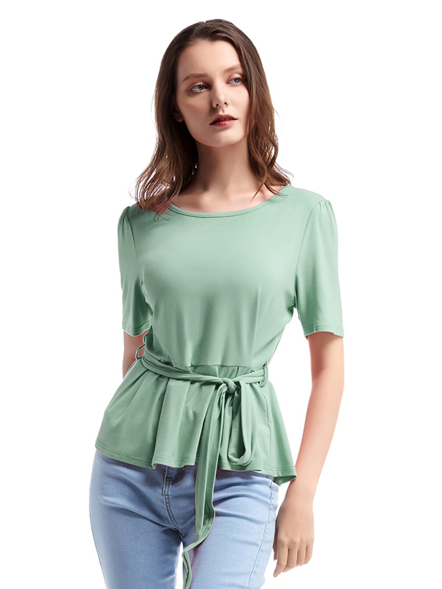 Slimming Green Ruffled Round Collar Top Waist Tie Comfort Fabric