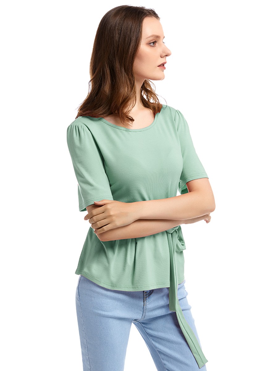 Slimming Green Ruffled Round Collar Top Waist Tie Comfort Fabric