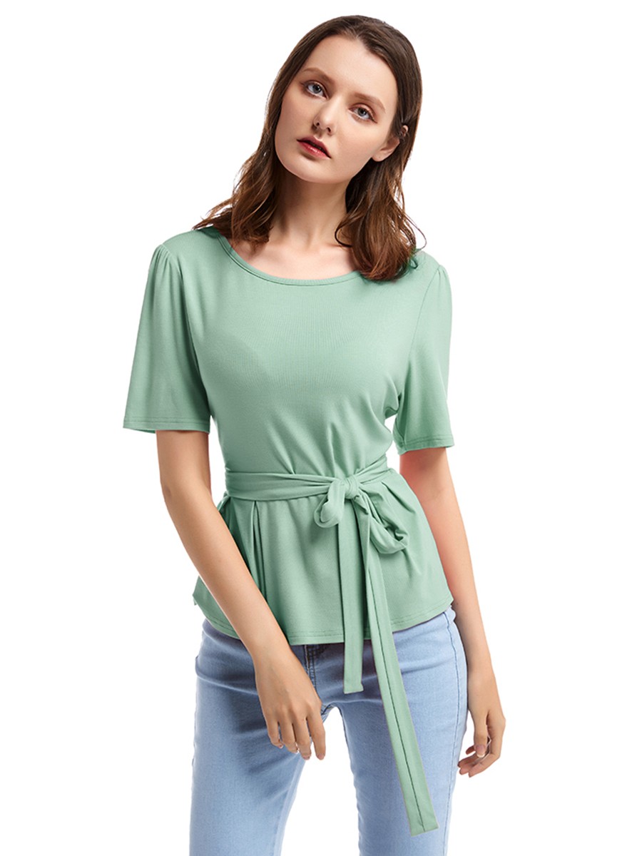 Slimming Green Ruffled Round Collar Top Waist Tie Comfort Fabric