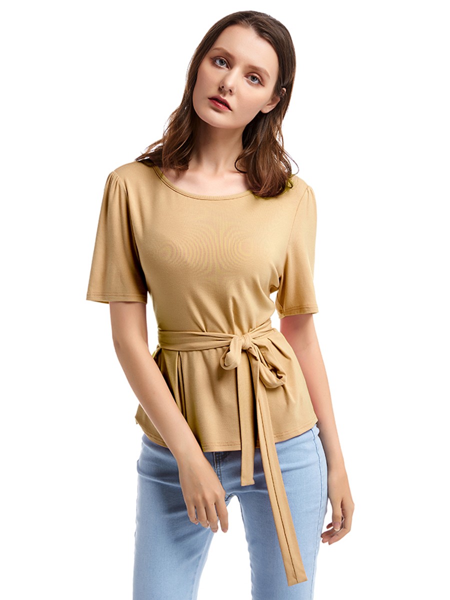 Dreamlike Orange Solid Color T-Shirt Crewneck Ruffle Lady