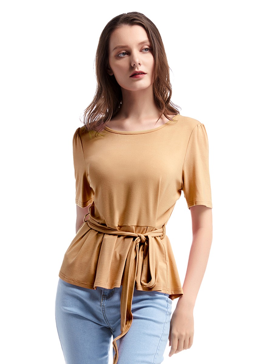 Dreamlike Orange Solid Color T-Shirt Crewneck Ruffle Lady