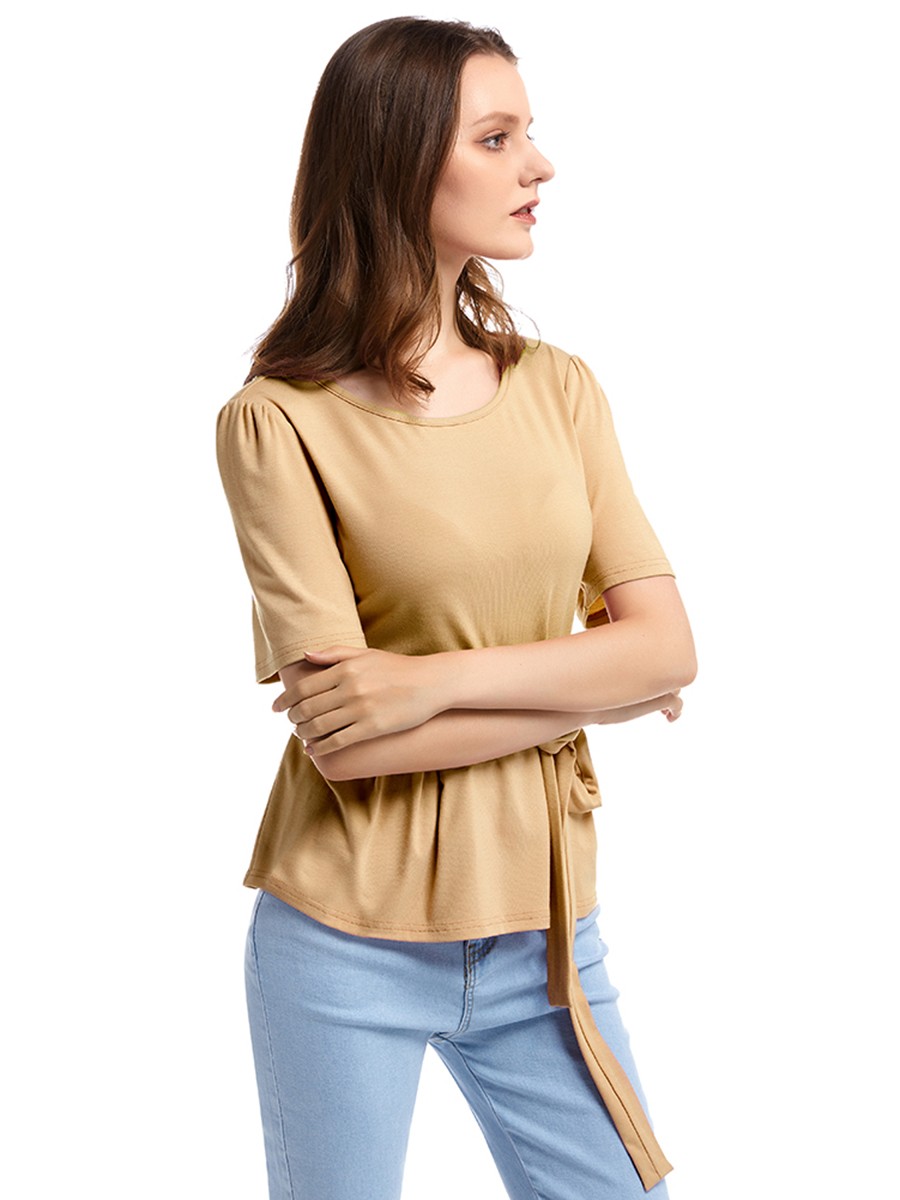Dreamlike Orange Solid Color T-Shirt Crewneck Ruffle Lady