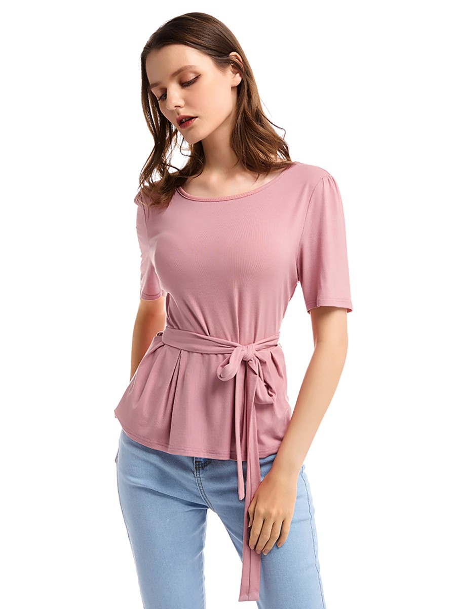 Dynamic Pink Round Neck Belt Shirt Short Sleeve For Women