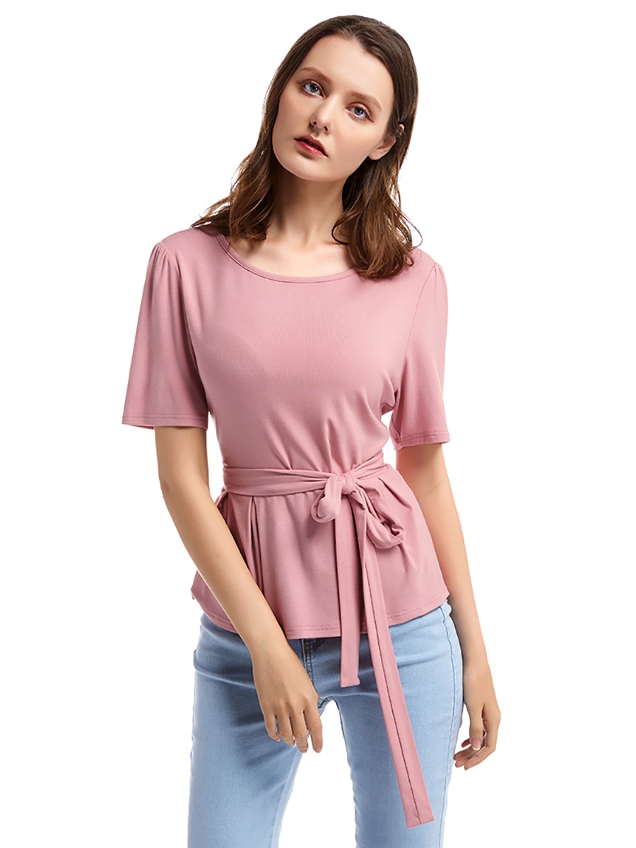 Dynamic Pink Round Neck Belt Shirt Short Sleeve For Women