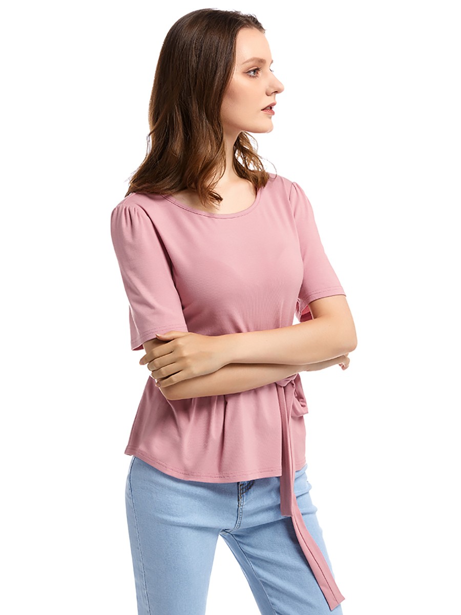 Dynamic Pink Round Neck Belt Shirt Short Sleeve For Women