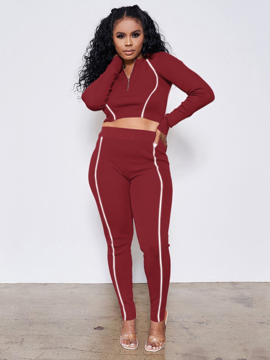 Wine Red Reflective Zip Neckline Two Piece Outfits Fashion Tee