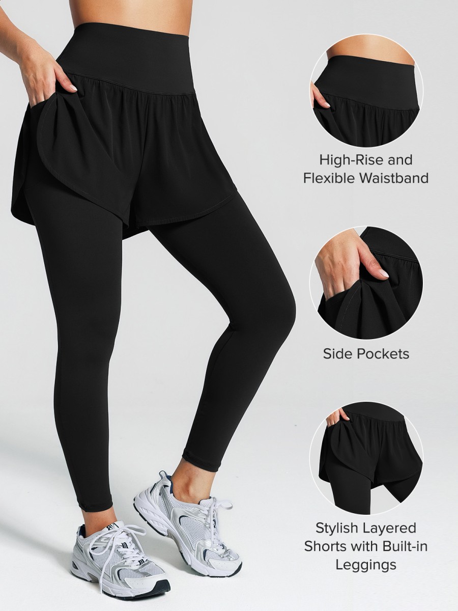 Custom Solid Yoga Leggings Layered Combo Full Length Side Pockets High Waist Women's Sports Pants