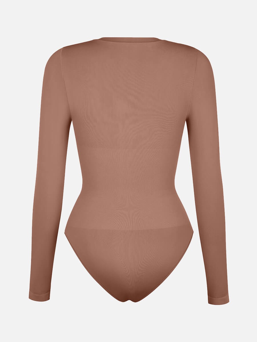 Long Sleeve Seamless Crew Neck Tummy Control Snap Crotch Briefs Bodysuit
