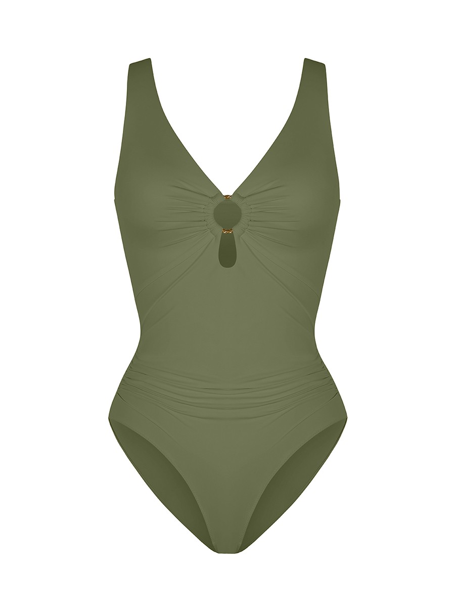 Wide Strap Ruched Bodysuit Swimsuit Tummy Control Mesh Deep V Neck