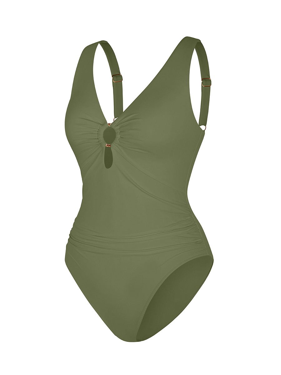 Wide Strap Ruched Bodysuit Swimsuit Tummy Control Mesh Deep V Neck