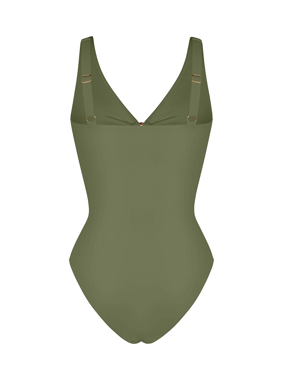 Wide Strap Ruched Bodysuit Swimsuit Tummy Control Mesh Deep V Neck