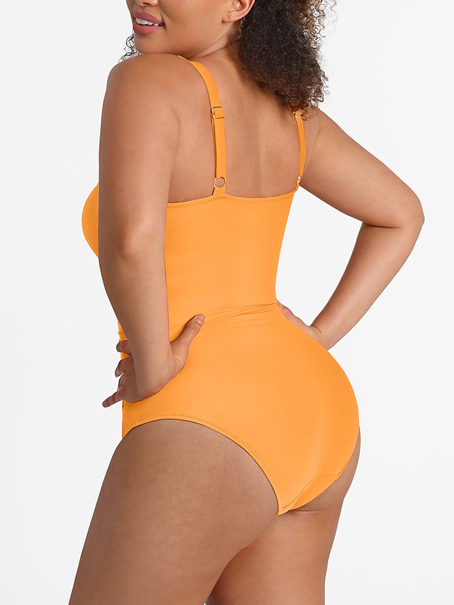 Triangle Bottom Bodysuit Swimsuit Deep V Metal Ring Removable Bust Pads