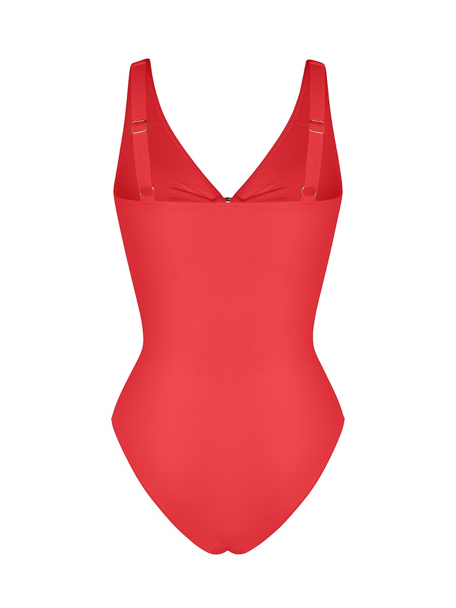 Deep V Metal Accent Bodysuit Swimsuit Removable Pads Ruched Slimming