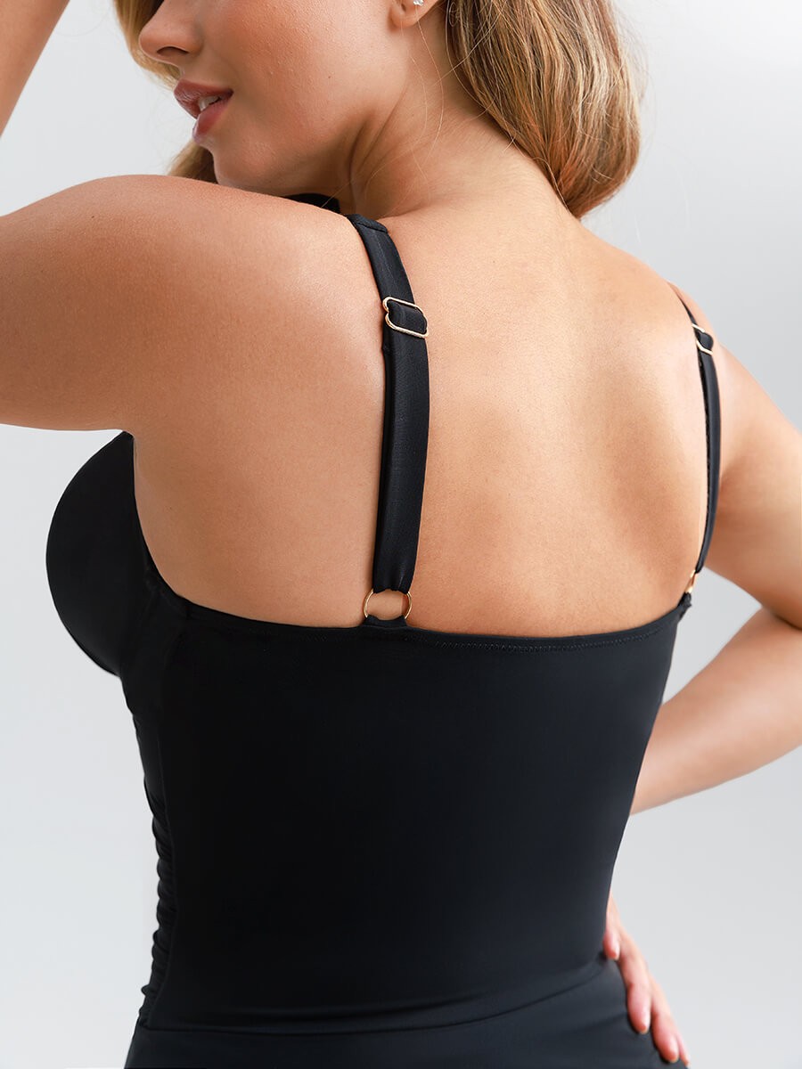 Deep V Neck Swimsuit with Cover Up Skirt Removable Pads Shaping Mesh Brief Liner