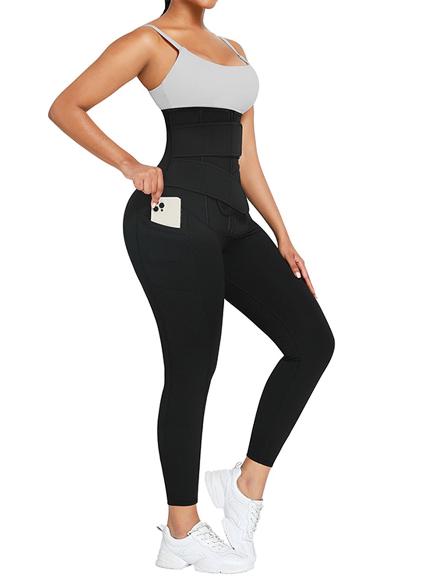 Black Double Belt Waist Trimmer Tummy Control Leggings With Blue Pu Coated Lining