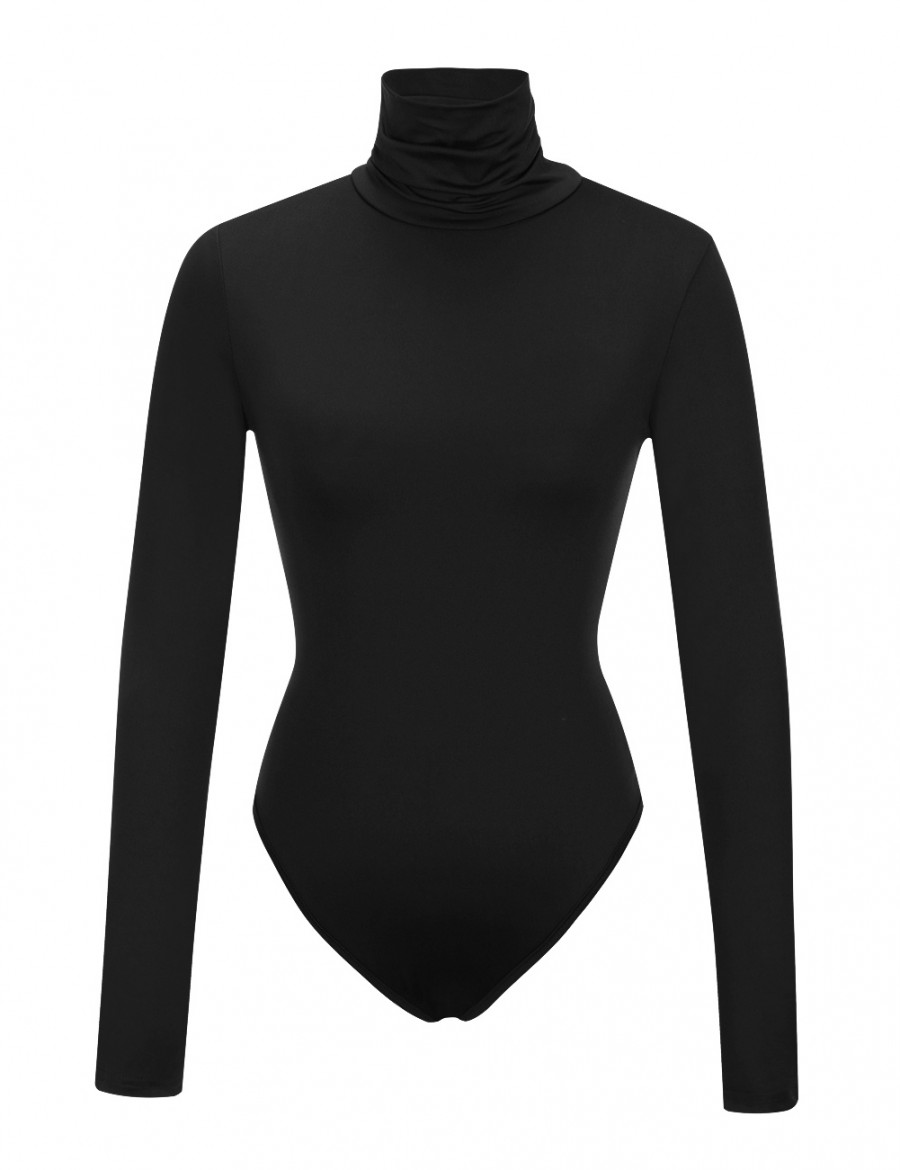 Appealing Black High Neck Long Sleeves Bodysuit Plain For Sauntering