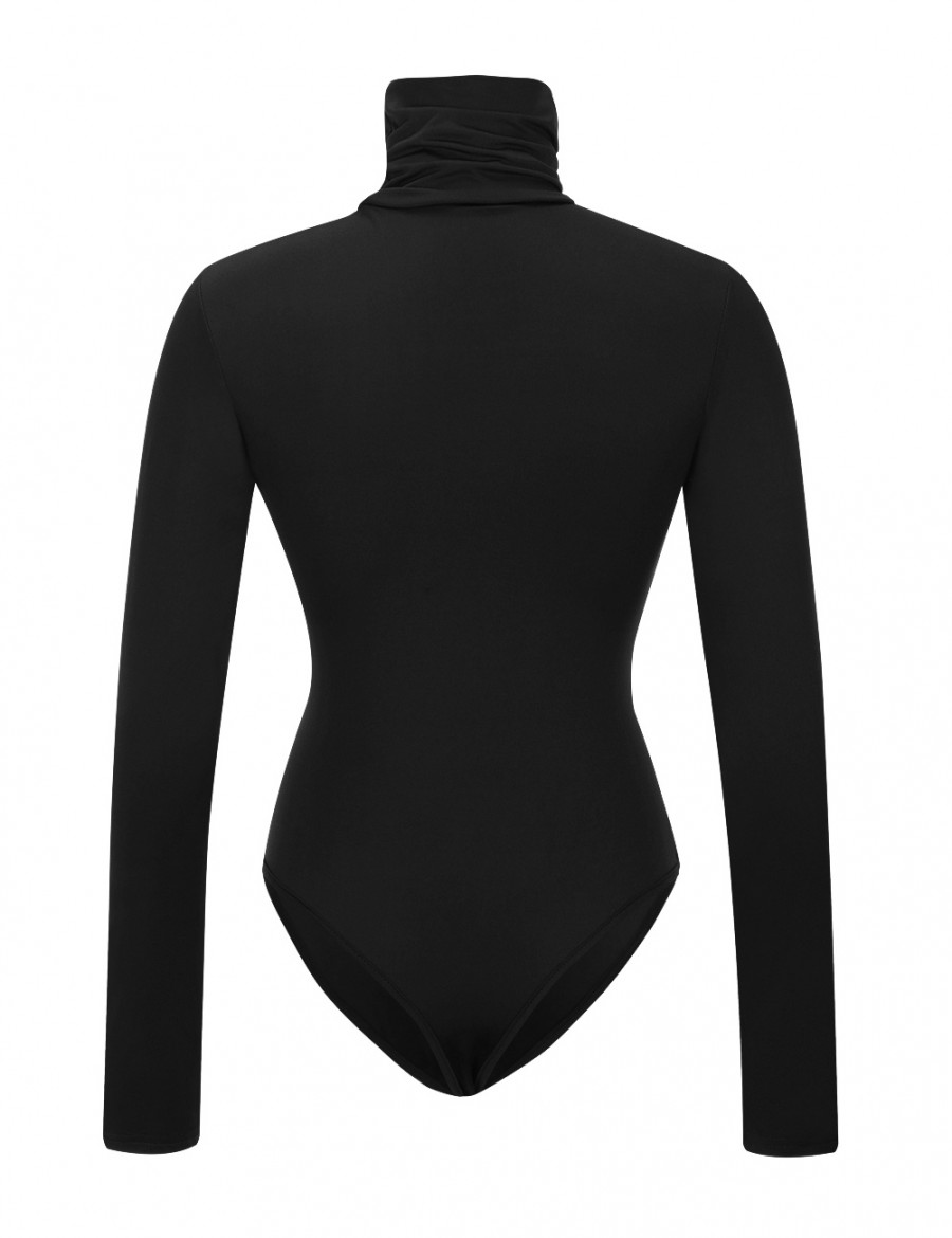 Appealing Black High Neck Long Sleeves Bodysuit Plain For Sauntering
