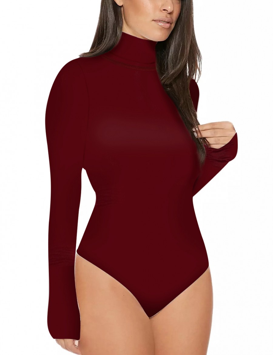 Ultra Cheap Wine Red One Piece Bodysuit Long Sleeved High Collar Lightweight