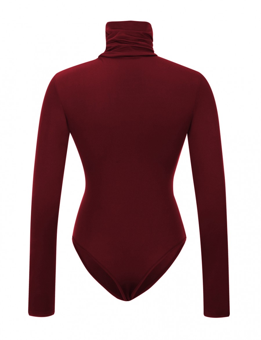 Ultra Cheap Wine Red One Piece Bodysuit Long Sleeved High Collar Lightweight