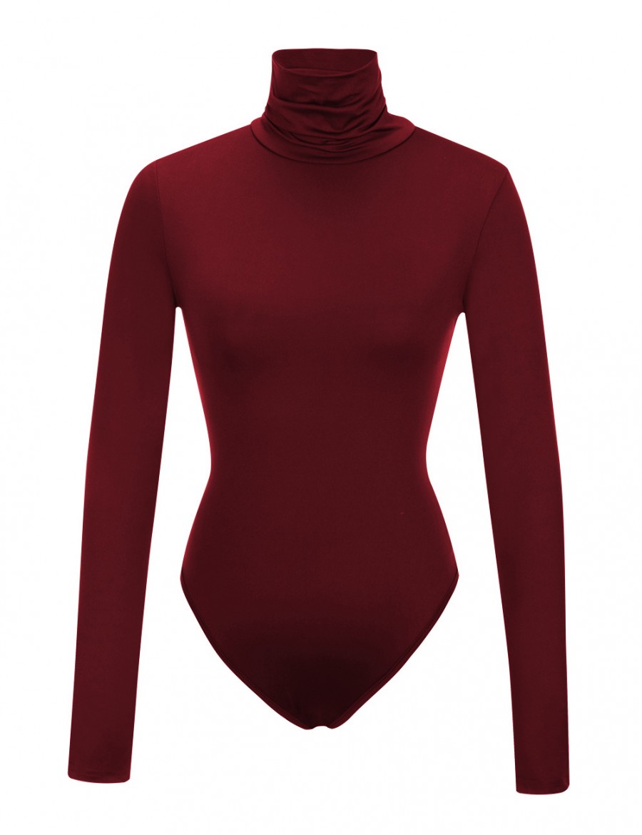 Ultra Cheap Wine Red One Piece Bodysuit Long Sleeved High Collar Lightweight
