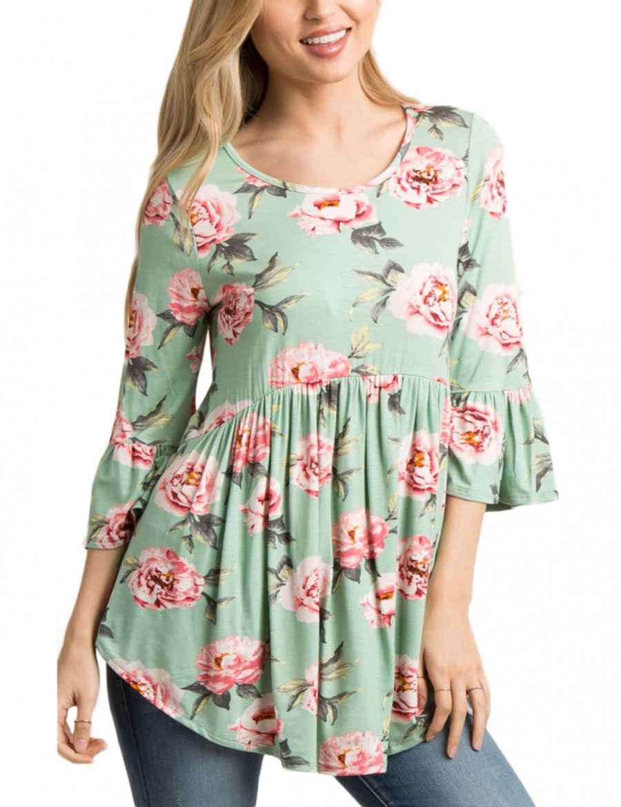 Green Ruching Flower Blouses 3/4 Horn Sleeves Fashion Style