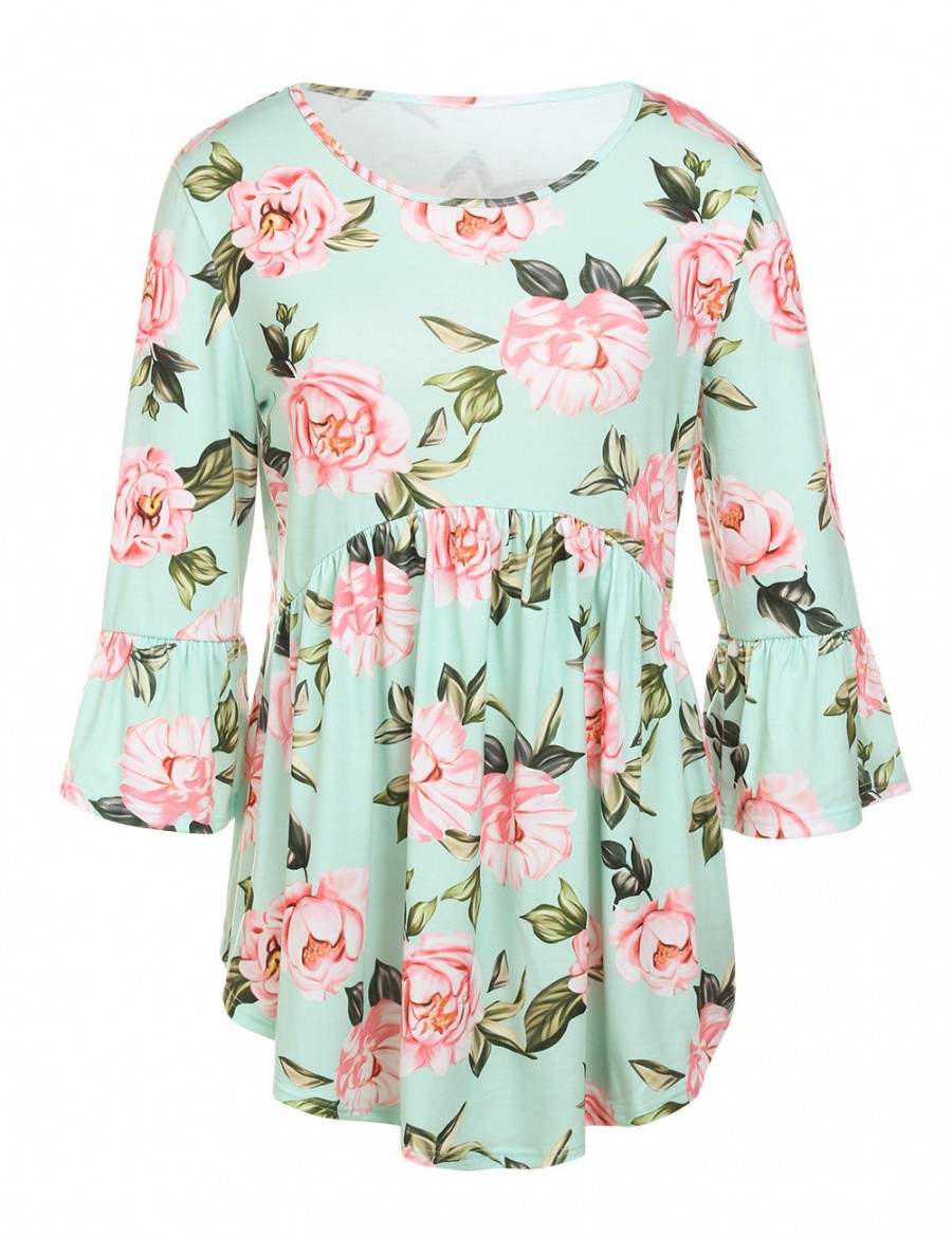 Green Ruching Flower Blouses 3/4 Horn Sleeves Fashion Style