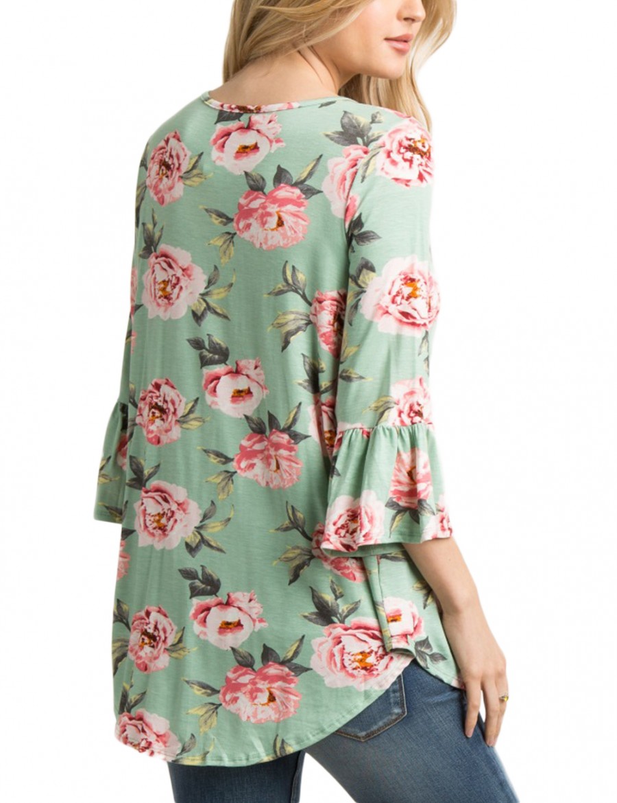 Green Ruching Flower Blouses 3/4 Horn Sleeves Fashion Style
