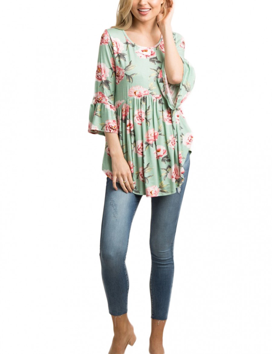 Green Ruching Flower Blouses 3/4 Horn Sleeves Fashion Style