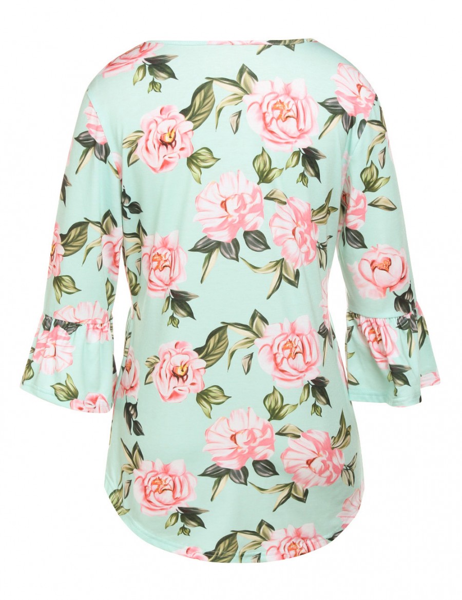 Green Ruching Flower Blouses 3/4 Horn Sleeves Fashion Style