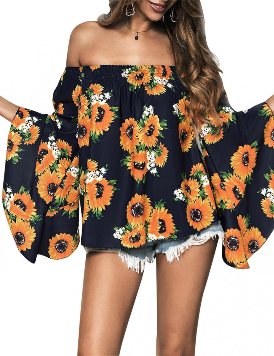 Creative Navy Blue Flower Off Shoulder Flare Sleeve Blouse