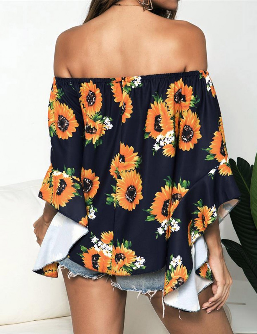 Creative Navy Blue Flower Off Shoulder Flare Sleeve Blouse