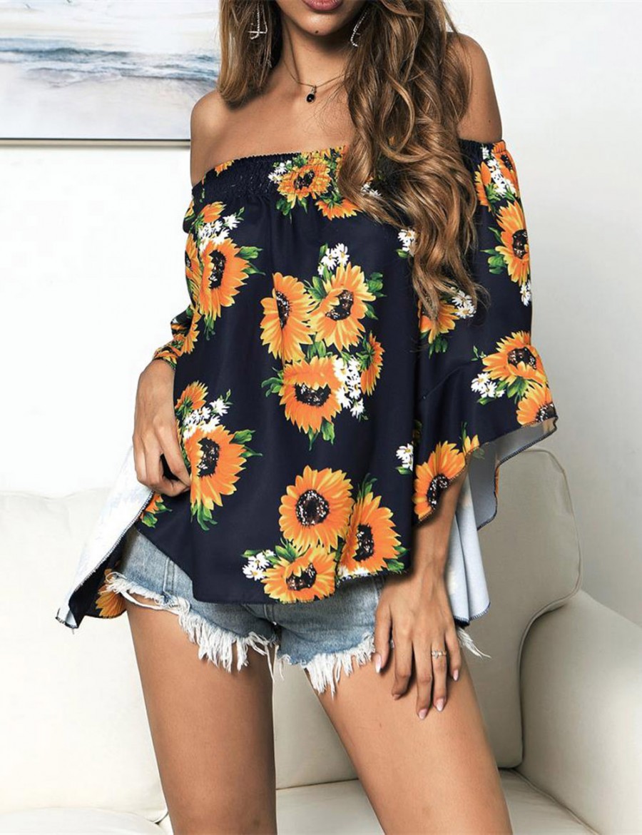 Creative Navy Blue Flower Off Shoulder Flare Sleeve Blouse