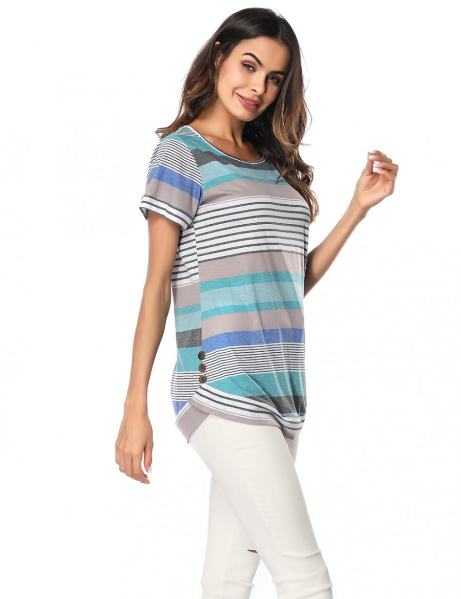 Pleasant Blue Side Button Detail Short T-Shirt Stripe Splicing Fashion Online