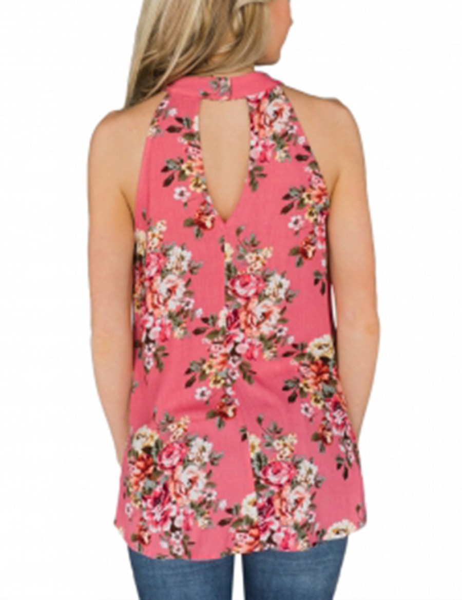 Exotic Red High Neck Tank Tops Floral Print Ladies