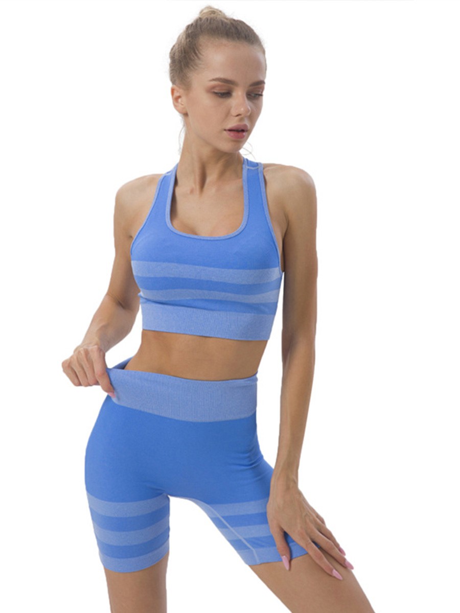 Blue Stripe Stitching High Waist Women Fitness Set
