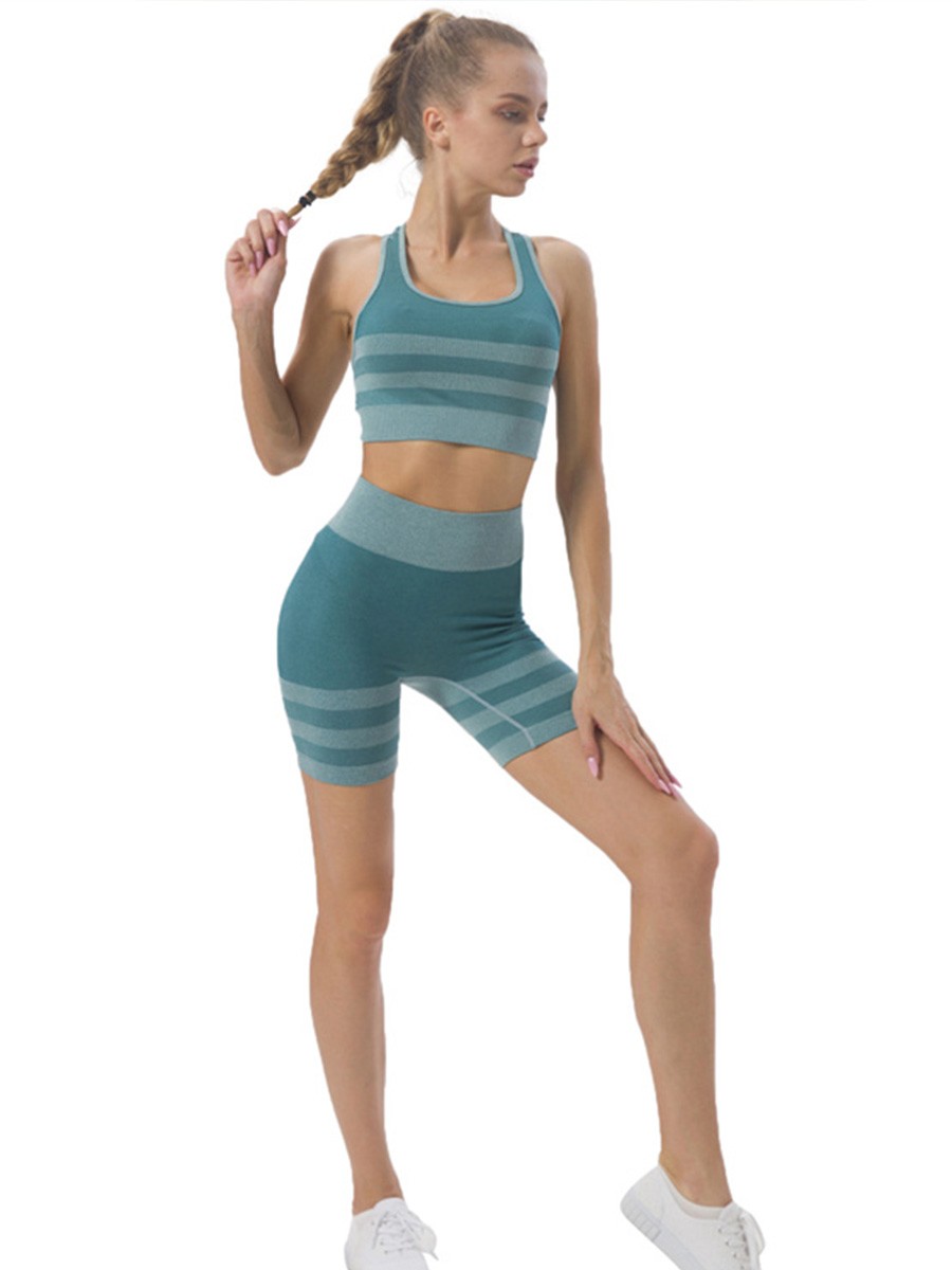 Green Stripe Stitching Seamless Sleeveless Bra Yoga Short Set