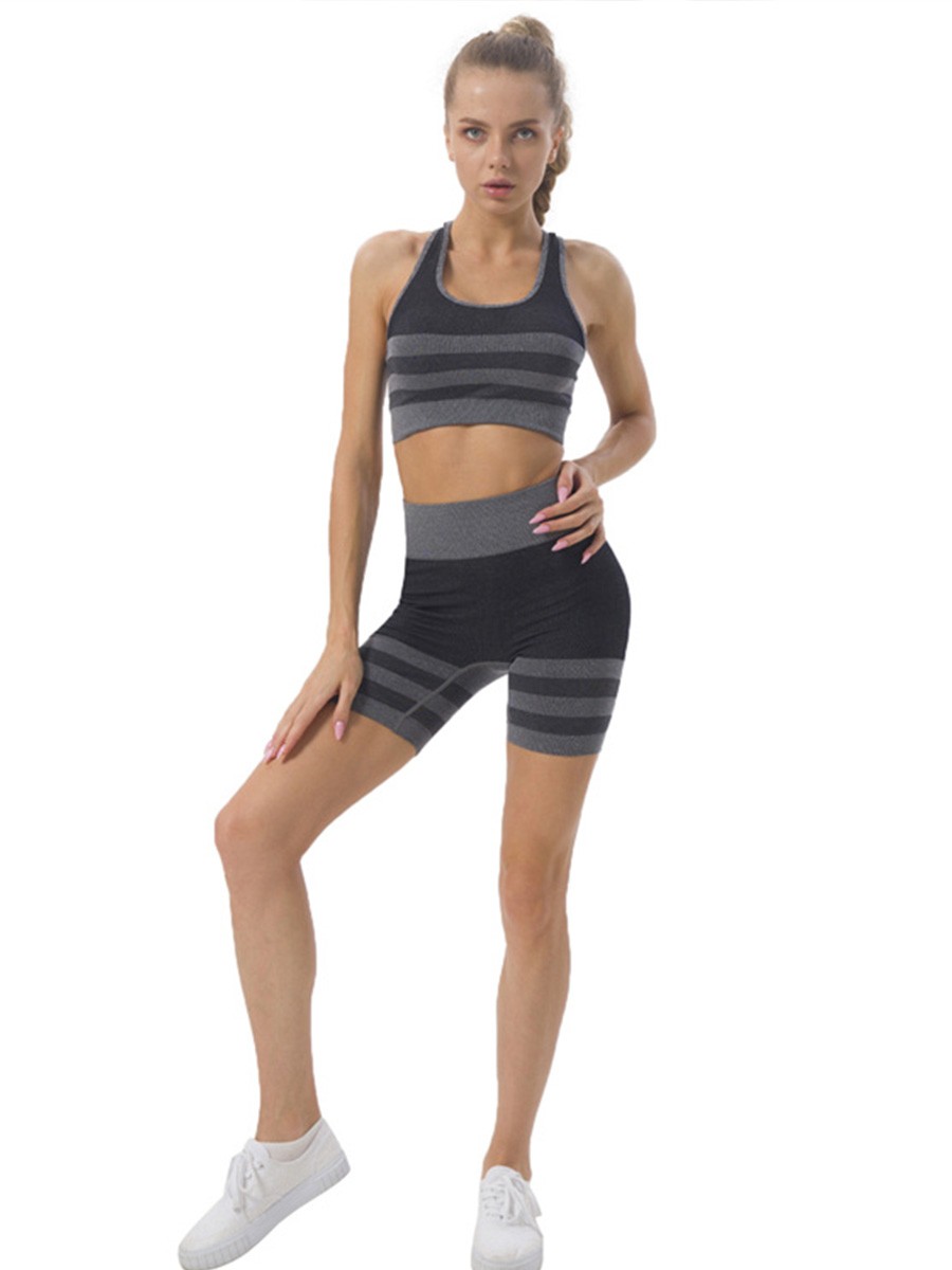 Dark Grey Striped Stitching Seamless Two Piece Yoga Shorts Set