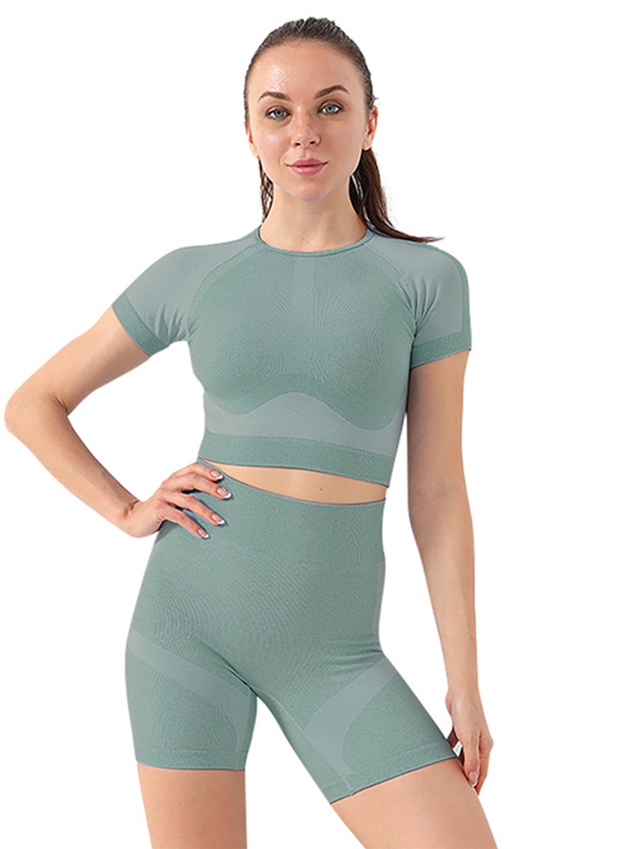 Green Seamless Short Sleeve Activewear Two Piece Short Set Tracksuit