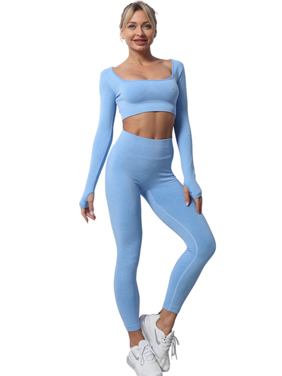 Sky Blue U Neck Short Sleeve Crop Top Plain Women Yoga Set