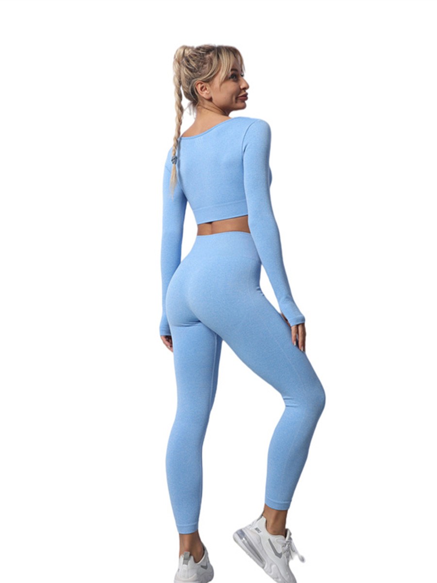 Sky Blue U Neck Short Sleeve Crop Top Plain Women Yoga Set